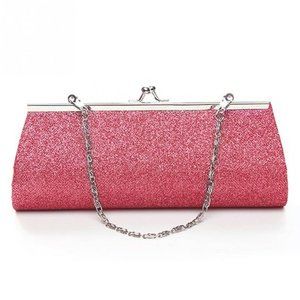 Rose Pink Sparkling Metal Frame Glitter Evening Bag-Wristlet Night Purse Handbag